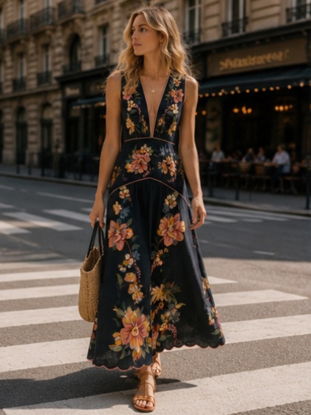 FARM Rio navy blue Maxi Dress with Pink & Yellow Floral Embroidery - Picture 2 of 11